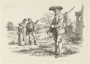Jager en een gezelschap bij een ruïne (Studie-prentwerk / Etudes gravées)