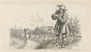 Man leunend op een stok en een vrouw met een kind op een landweg door Jacob Ernst Marcus