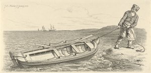 Man trekt zijn roeiboot aan wal