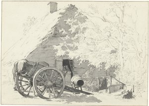 Melkkar met paard voor een boerderij