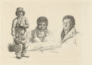 Portretten van J.P. Visser Bender en P.Pz. Barbiers naast een jongen door Jacob Ernst Marcus