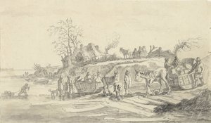 Sleden bij de oever van een bevroren rivier door Jacob Ernst Marcus
