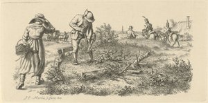 Spittende man, een vrouw met een mand en soldaten te paard door Jacob Ernst Marcus