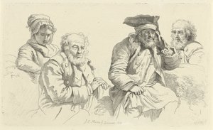 Studieblad met drie oude mannen en een jonge vrouw