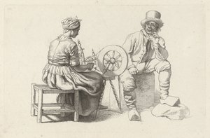 Studieblad met een vrouw aan een spinnewiel en een zittende man