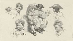 Studieblad met figuren en een rustende visboer met pijp door Jacob Ernst Marcus