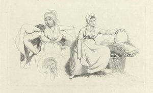 Studieblad met twee vrouwen en een kop Studie-prentwerk / Etudes gravées (series title) door Jacob Ernst Marcus