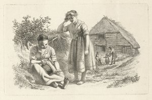 Twee vrouwen en een man met kinderen voor een boerenschuur door Jacob Ernst Marcus