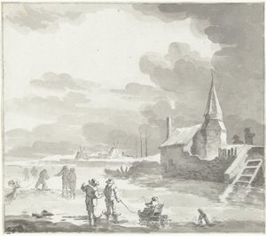 Winterlandschap met schaatsenrijders door Jacob Ernst Marcus