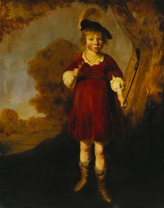 Portret van een jonge jongen als herder, staand in volle lengte, in een landschap
