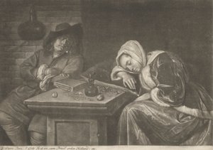 Man en Zijn Vrouw die aan Tafel Slapen