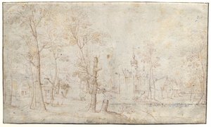 Omgracht kasteel en dorp door Jacob Grimmer