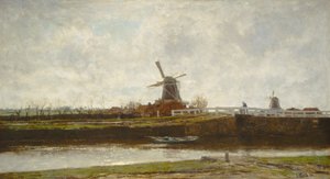 Uitzicht op de molen en brug aan de Noordwest Buitensingel in Den Haag (1873) door Jacob Henricus Maris