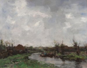 Een rivierlandschap met boerderijen, eind jaren 1870 door Jacob Henricus or Hendricus Maris