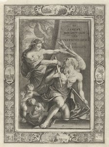 Verbeelding temt Vader Tijd Titelpagina voor: J.C. Weyerman. De levens-beschrijvingen der Nederlandsche konst-schilders en konst-schilderessen, 1729 door Jacob Houbraken