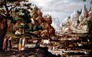 Een rotsachtig landschap met Noach en de dieren