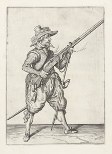 Musketier plaatst zijn furket eronder, ca. 1600