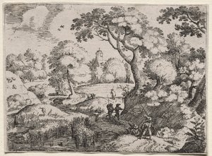 Zes landschappen: Pad tussen moeras en beboste oever door Jacob I Savery