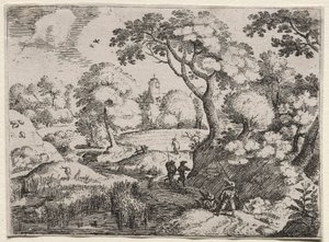 Zes Landschappen: Pad Tussen Moeras en Beboste Oever, ca. 1595 door Jacob I Savery
