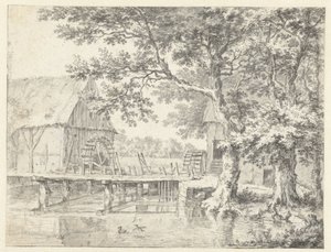 Gezicht op twee watermolens aan weerszijden van een sluis door Jacob van Ruisdael
