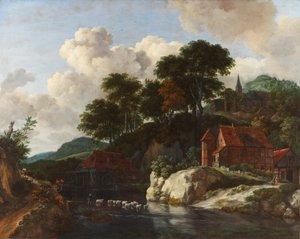 Heuvelachtig landschap met een watermolen, ca. 1670