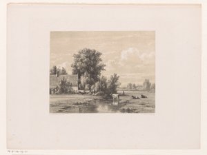 Landschap met boerderij en koe in het water door Jacob Jan van der Maaten
