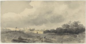 Landschap met schaapherder onder zware wolkenlucht door Jacob Jan van der Maaten