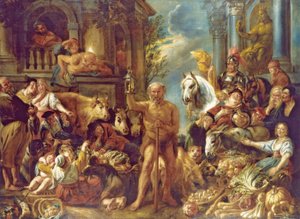 Diogenes op zoek naar een eerlijke man door Jacob Jordaens