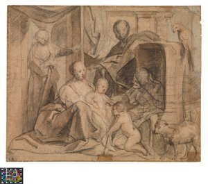 Duits: De Heilige Familie met Elisabeth en Johannes de Doper (achterkant: deur, deuropening en Hermes)
Nederlands: De Heilige Familie met Elisabeth en de kleine Johannes (keerzijde: Deur, deuropening en Hermes) door Jacob Jordaens