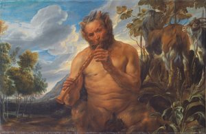 Sater die de pijp speelt (Jupiters kindertijd) (fragment) door Jacob Jordaens