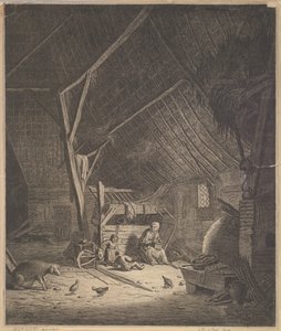 Interieur van een schuur met moeder en twee kinderen, vooraan een varken, kopie, 17e eeuw