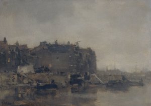 Huizen aan de Prins Hendrikkade, Amsterdam, op een mistige dag door Jacob Maris