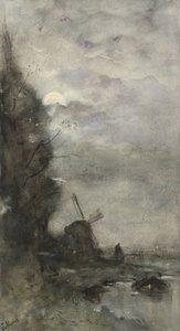 Landschap met molen bij maanlicht door Jacob Maris