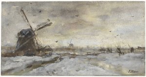 Landschap met molen in de sneeuw
