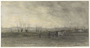 Landschap met ploegende boer door Jacob Maris