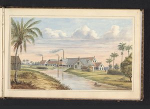 Suikerplantage Visserszorg aan de Commewijne rivier, Album met tekeningen van Suriname, p.6 (50) door Jacob Marius Adriaan Martini van Geffen