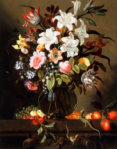 Een Boeket Bloemen met Fruit en twee Zandhagedissen op een Stenen Lijst, 1647