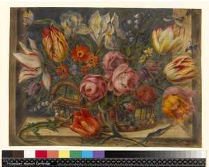 Bloemenstudie: diverse bloemen in een mand, met insecten en een hagedis in een raam, 1634