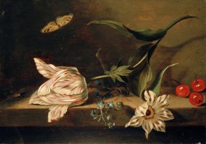 Stilleven met bloemen op een tafelblad door Jacob Marrel
