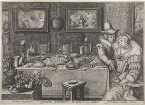 Jong stel zittend aan een weelderig gedekte tafel door Jacob Matham (workshop of)