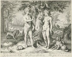 Adam en Eva in het paradijs door Jacob Matham