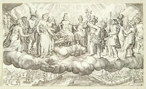 Bacchus biedt wijn aan Jupiter aan door Jacob Matham