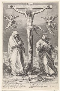Christus aan het kruis, met Johannes en Maria door Jacob Matham