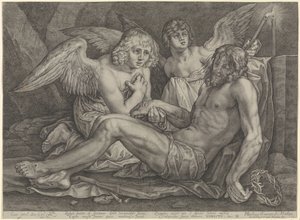 Christus in de graftombe, met twee engelen door Jacob Matham