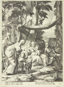 De heilige familie zittend in een landschap met Elisabeth, Zacharias en Johannes de Doper als kind door Jacob Matham