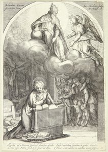 De Heer en Gabriel verwachten de aankondiging, Maria knielend beneden door Jacob Matham