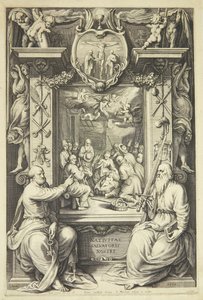 Aanbidding der herders met Petrus en Paulus in een allegorisch kader door Jacob Matham