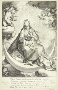 Maagd Maria met het Christuskind op de halve maan, omringd door engelen