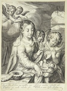 Maagd Maria met kind omringd door engelen