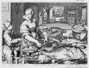 Keukenscène met een keukenmeid die vis bereidt, Christus te Emmaüs op de achtergrond, uit Keuken- en marktscènes met Bijbelse scènes op de achtergrond door Jacob Matham